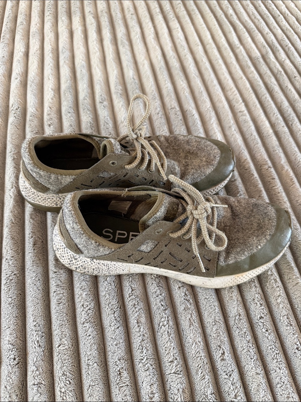 Sperry Olive and Beige Knit-Trim Sneakers